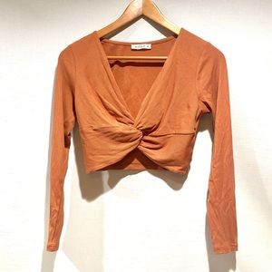 M Rust Ribbed long sleeve crop top front scrunch